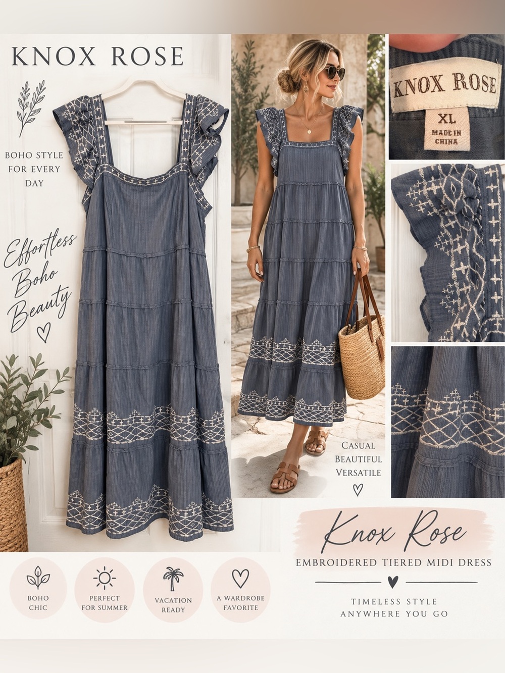 Knox Rose Blue Embroidered Boho Tiered Midi Dress XL